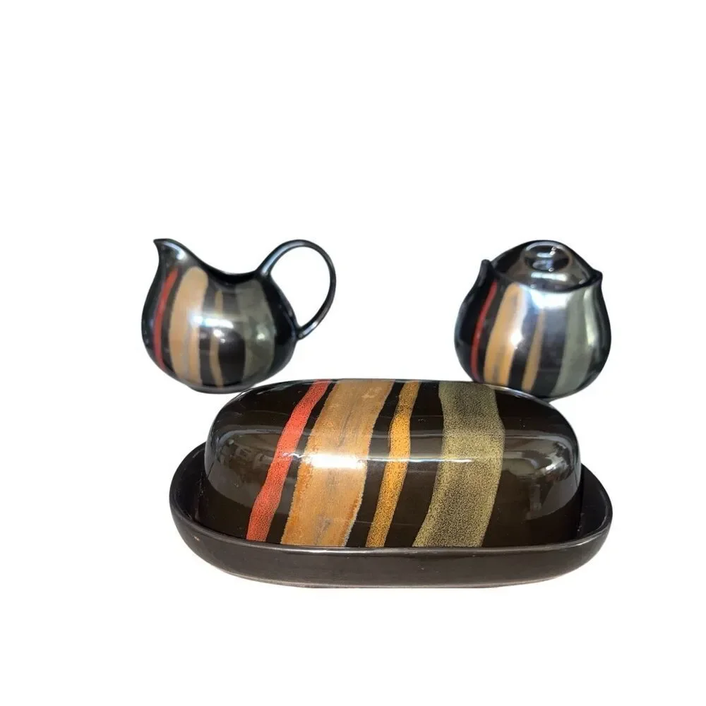 Vintage Sango Avanti Black 4721 3-Pc Set Covered Butter Dish Sugar Bowl Lid Crea